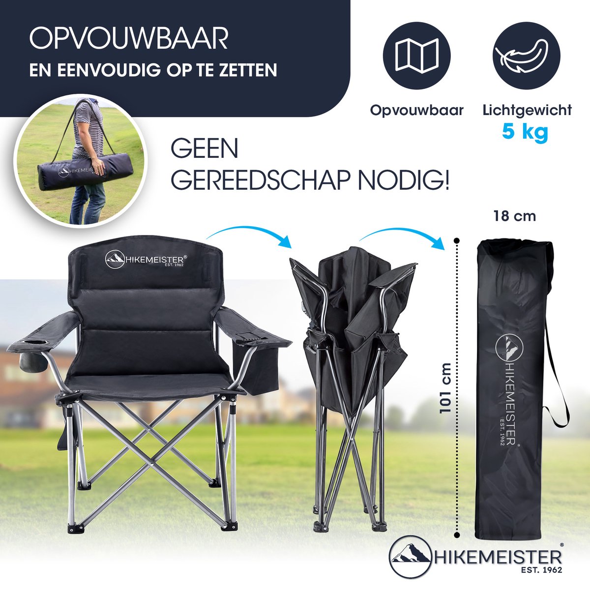 Hikemeister ® XXL Campingstoel, opvouwbare klapstoel tot 158 kg, Kampeerstoel gevoerd met geisoleerde bekerhouders, vis stoel met armleuningen, buitenstoel, Grijs , vouwstoel met draagtas — cadeau in Sport & Outdoor - foto 4