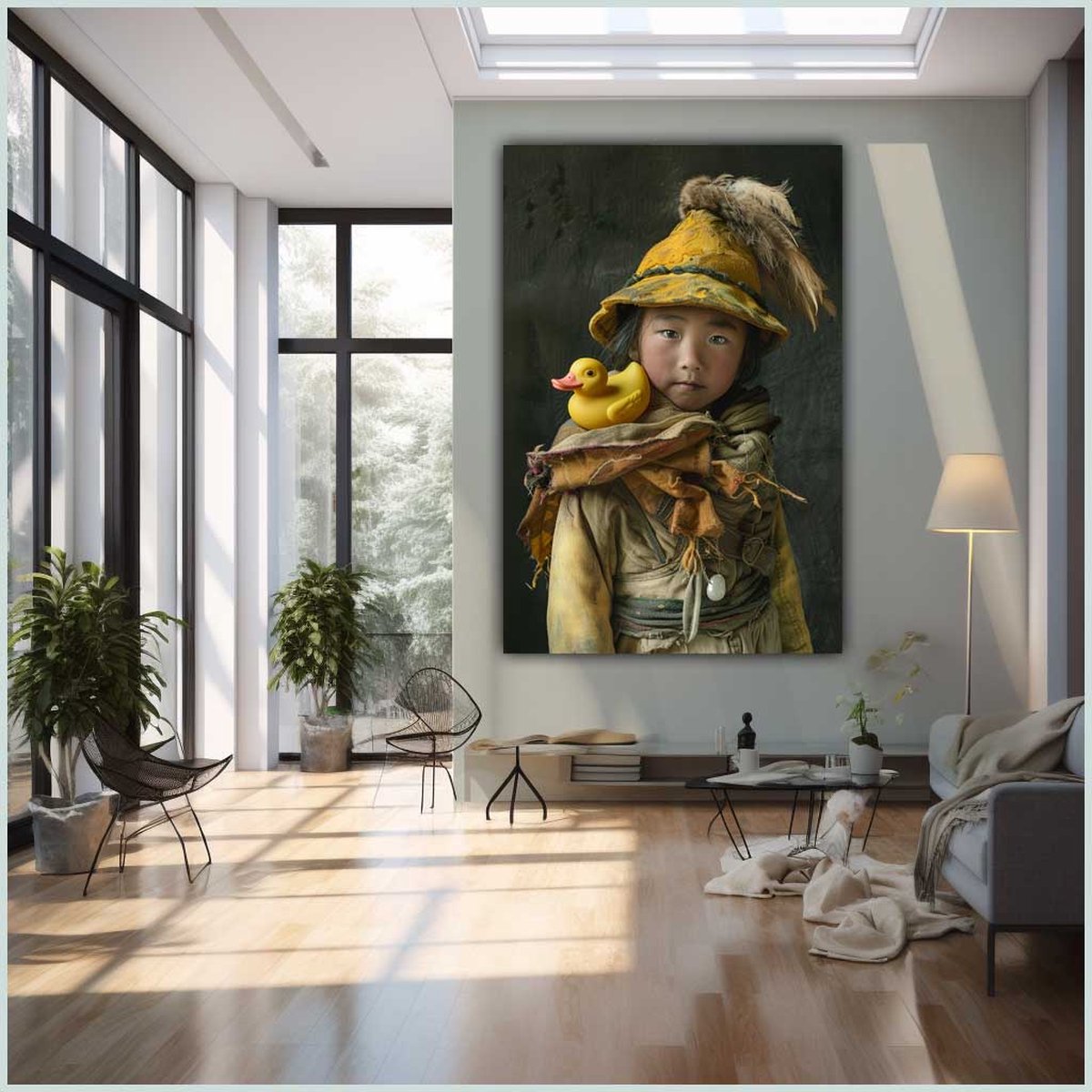 Canvas schilderij - Canvas - Staand - 50 x 70 cm - Portret - Kind - Badeend - Stijl Vermeer - Wanddecoratie - Muurdecoratie woonkamer - Uniek - Exclusief -Picturetopicture