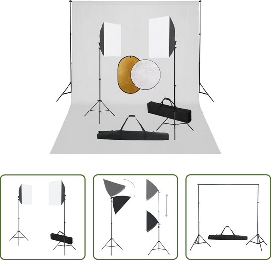 Foto: The living store studioset telescopisch achtergrondsysteem 500 x 300 cm inclusief softboxlampen statieven achtergrond en reflectoren