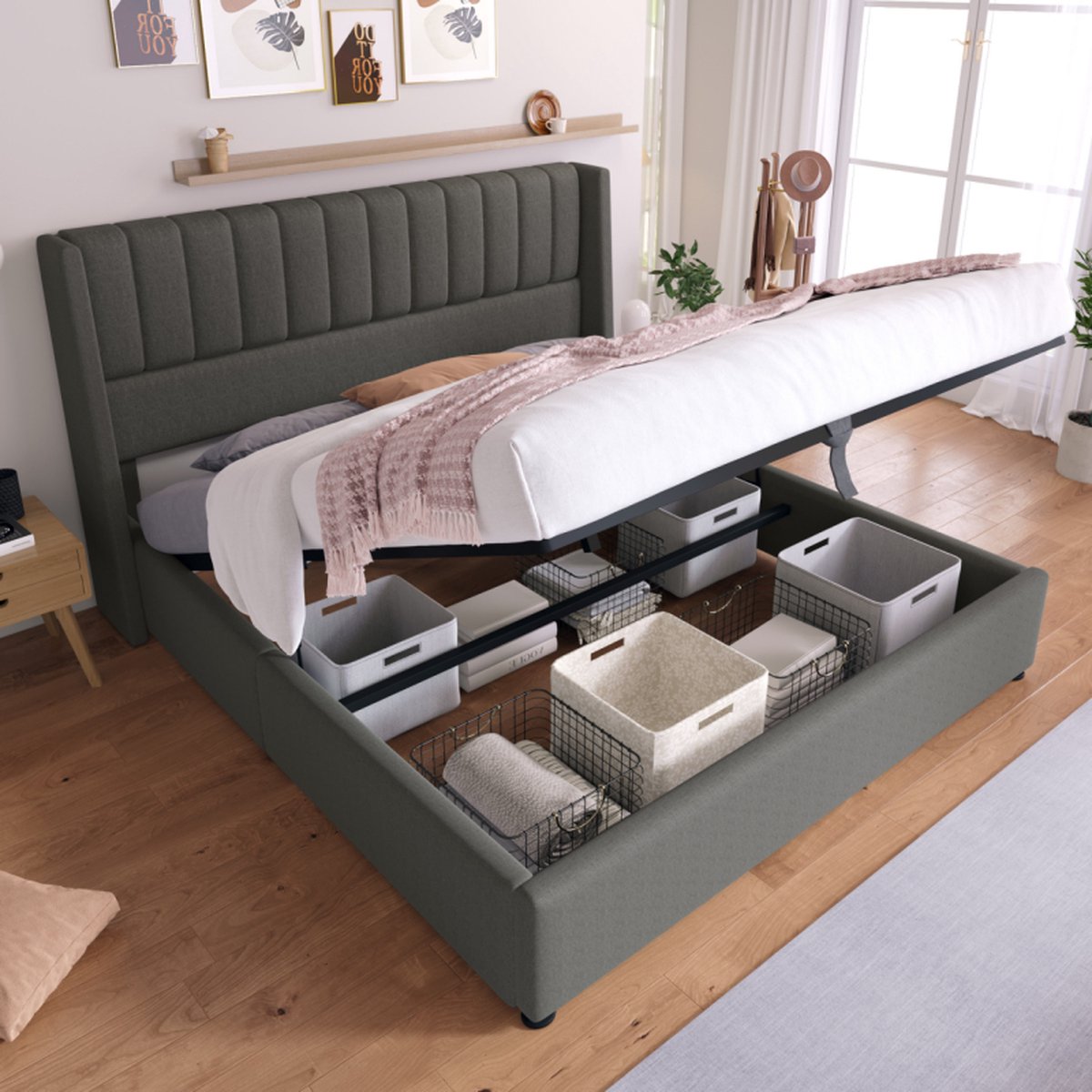 Sweiko Tweepersoonsbed - 180 x 200 cm - Opbergruimte - Gestoffeerd hoofdeinde - Metalen frame - Linnen - Grijs