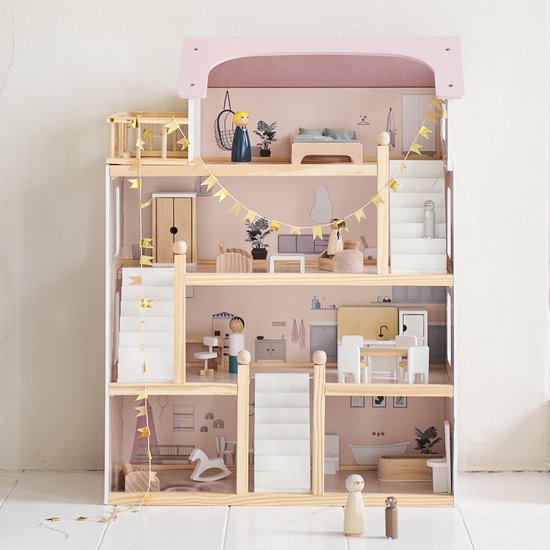Petite Amélie Houten Poppenhuis - Sprookjesachtig roze - Incl. 19 Poppenhuis Meubels – Vier Verdiepingen vol Fantasie – Voor een betoverende Sprookjeswereld