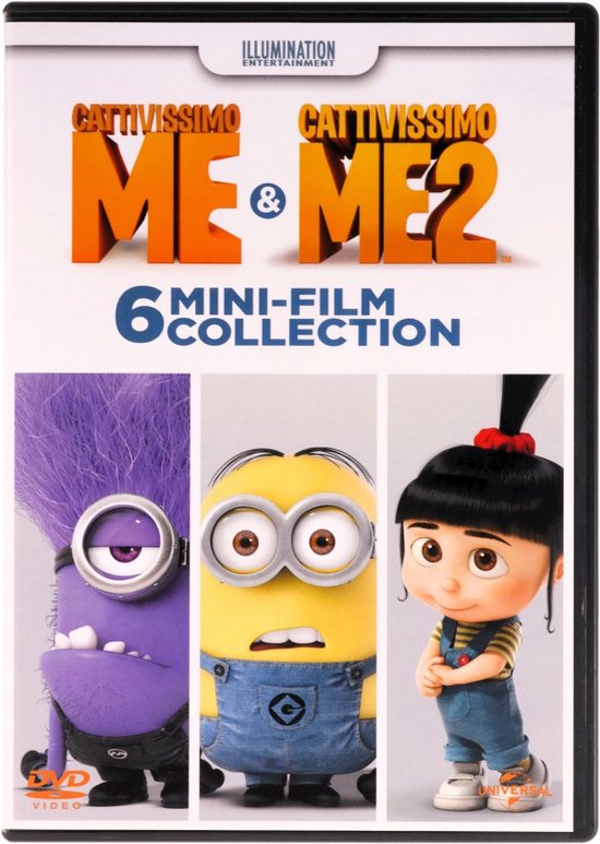 Voorzijde van de dvd-hoes met de titel 'Cattivissimo Me & Me 2' en 3 personages: paarse Minion, gele Minion en Agnes.