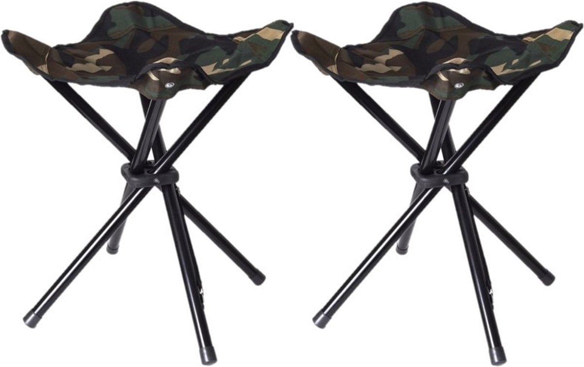 Vier poots opvouwbaar krukje - Set van 2x stuks - 42 cm - Campingstoel - Visserskrukje - camouflage groen