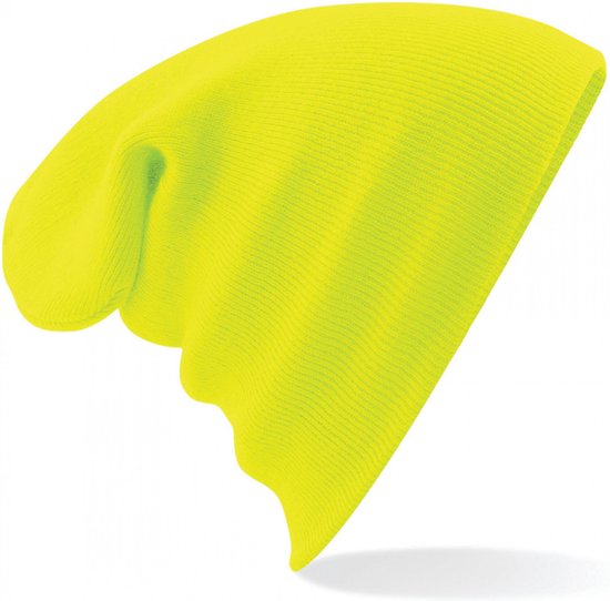 Neong gele beanie muts met brede omslagband, van 100% zacht acryl.