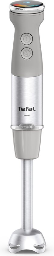 Grijze Tefal staafmixer met zilverkleurig middenstuk en twee knoppen. De bovenkant heeft een touchscreen.