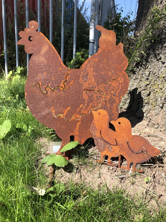 Bouchon de jardin, silhouette d'une poule avec ses poussins, métal
