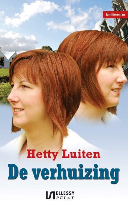 Boekomslag van 'De verhuizing' van Hetty Luiten, met twee vrouwen met rood haar op de voorgrond en een landschap op de achtergrond.