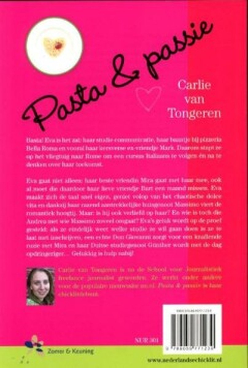 Achterkant van het boek 'Pasta & passie' met een foto van de auteur.