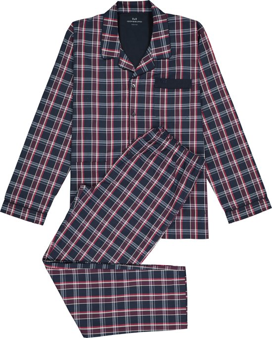 Gotzburg heren pyjama met knopen - geweven heren pyjama niet elastisch - blauw met rood en wit geruit - Maat: M
