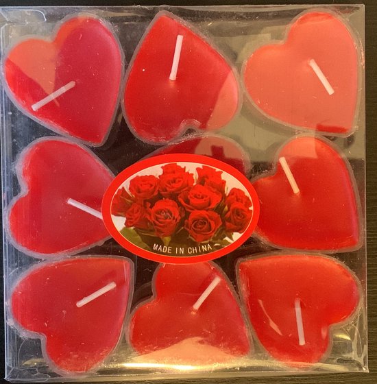 9 Rode waxinelichtjes - Hartjes kaarsen - Kaarsjes- Hart Rode hartvormige waxinelichtjes - 9 Stuks - Valentijn - Hart onder de riem