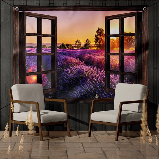 Tuinposter doorkijk voor buiten 170x125 cm met prachtige bloemen, natuur, zonsondergang en lavendel – Dit tuinschilderij komt compleet met ophangogen