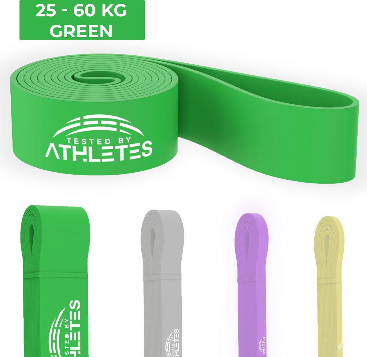 Tested by Athletes - Pull UpTested by Athletes - Pull Up Band 25 - 60 KG Green - Powerband - Weerstandsbanden - Fitness Elastiek - Powerlifting Banden - Crossfit