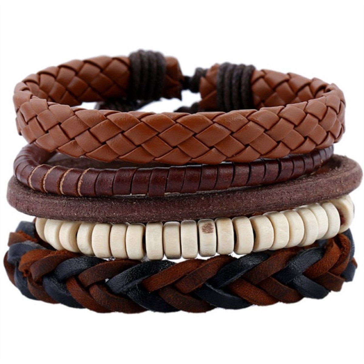 Leren armbanden set met houten kralen en touw | leren - natuurstenen - hout - kralen - geschenk | 20 - 25 cm flexibel Valentijns cadeau