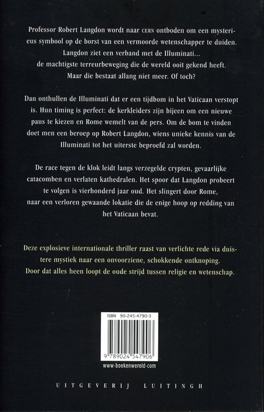 Achterkant van het boek Het Bernini Mysterie. Bevat tekst over het plot, ISBN en uitgever.