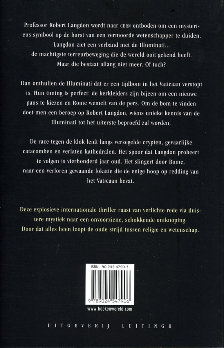 Achterkant van het boek Het Bernini Mysterie. Bevat tekst over het plot, ISBN en uitgever.