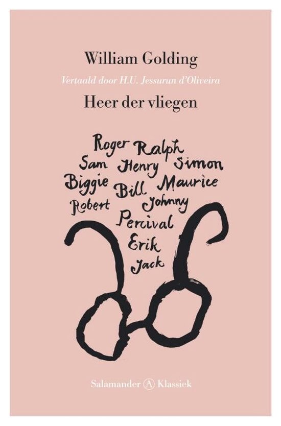 Boekomslag 'Heer der vliegen' van William Golding. Tekst en zwarte bril op roze achtergrond.
