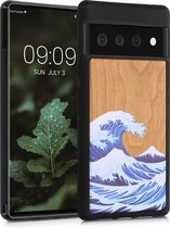 kwmobile telefoonhoesje geschikt voorGoogle Pixel 6 Pro - Hoesje met bumper - kersenhout - In blauw / wit / bruin Golven op Hout design