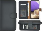 Geschikt voor Samsung Galaxy A12 hoesje - Wallet Case - A12 Hoesje Book Case Wallet Echt Leer Geribbeld Zwart Cover