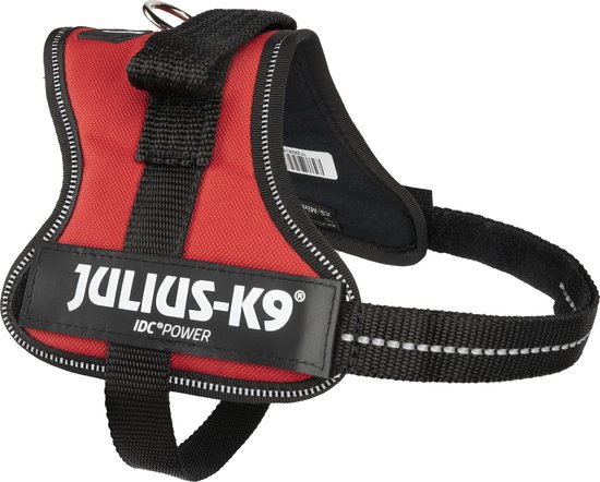 Rood Julius-K9 IDC®POWER hondentuig met zwarte gespen en reflecterende rand.