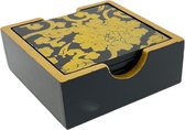 6 Houten Onderzetters Incl. Houder Voor Glazen - 10 x 10 cm - Zwart Met Goud