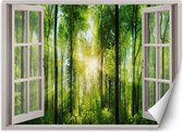 Trend24 - Behang - Venster - Stralen Van De Zon In Een Bos - Vliesbehang - Fotobehang Natuur - Behang Woonkamer - 140x100 cm - Incl. behanglijm