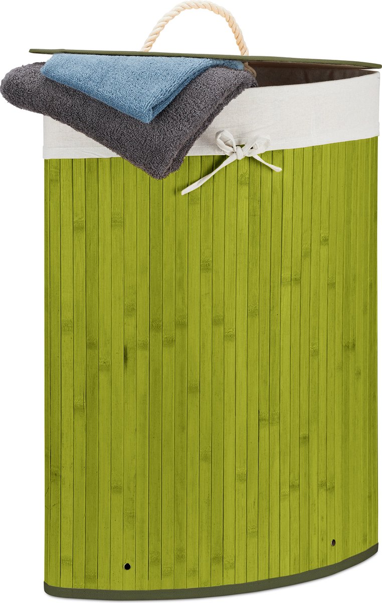 Relaxdays 1x wasmand hoekmodel bamboe - 60 liter - deksel - wasbox - driehoekig - groen