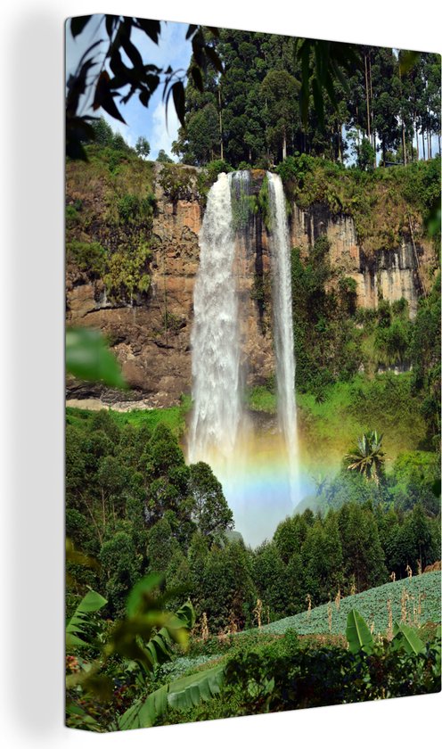 Canvas Schilderij Waterval - Planten - Regenboog - 80x120 cm - Wanddecoratie