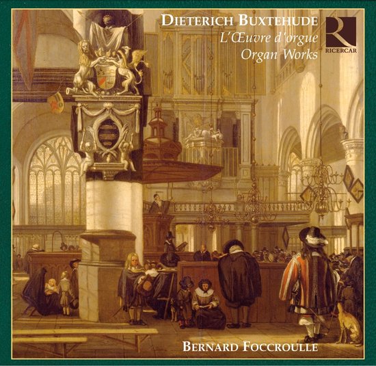 Schilderij van een barokkerkinterieur met kerkgangers voor het album Dieterich Buxtehude L'Œuvre d'orgue van Bernard Foccroulle.
