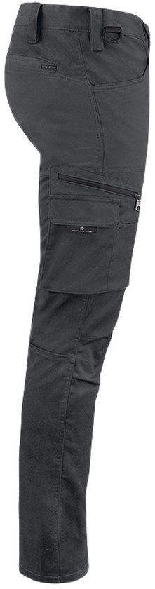 Zijaanzicht van een donkergrijze werkbroek met cargozakken en ritsen.