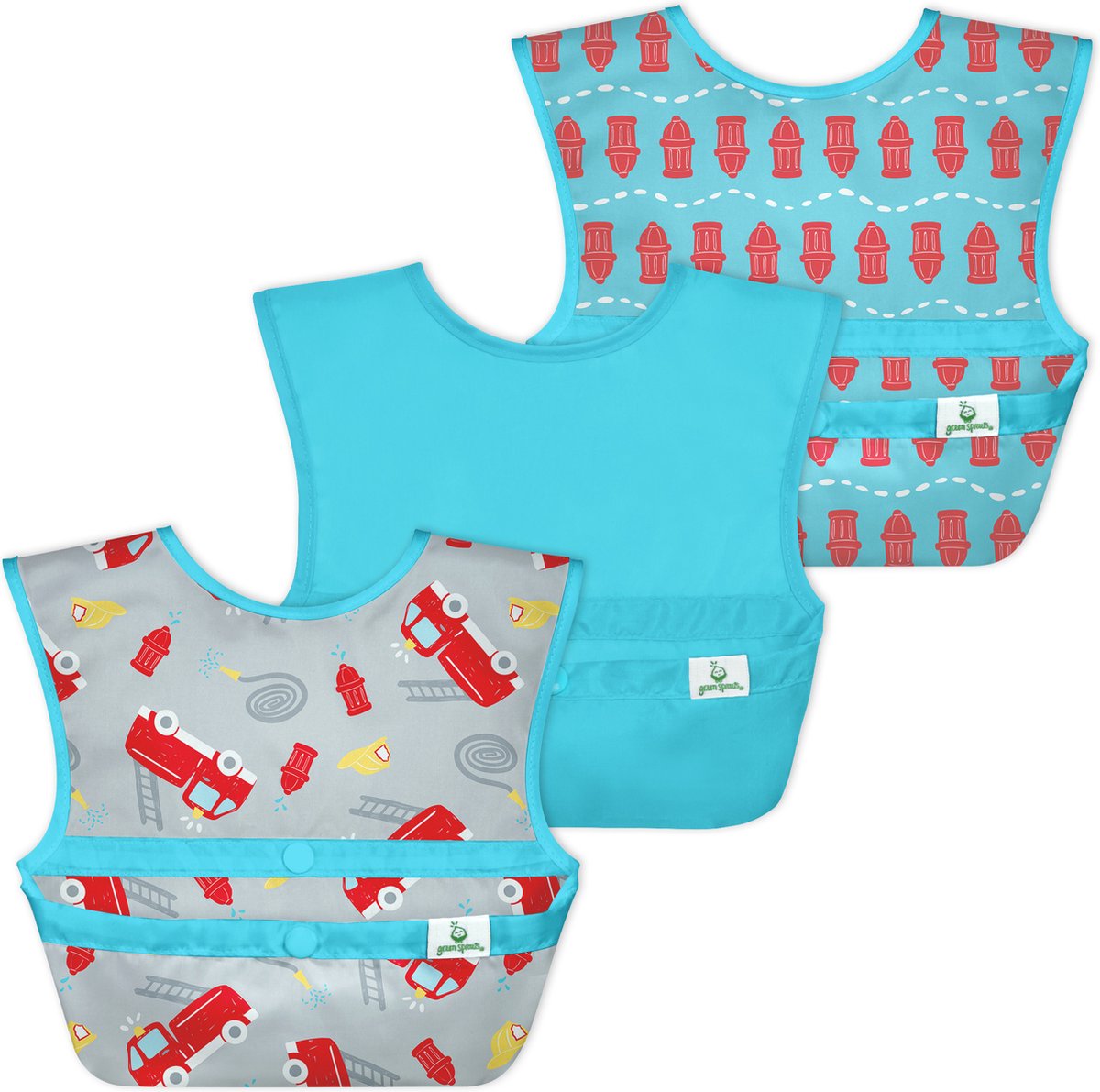 Goedkoopste green sprouts - lichtgewicht baby slabben met opvangbakje (3 stuks) - grijs brandweerwagen (9-18m