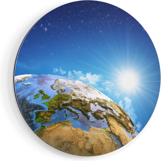 Artaza Dibond Muurcirkel Aarde Vanuit De Ruimte Op Europa - Ø 40 cm - Klein - Wandcirkel - Rond Schilderij - Voor Binnen en Buiten