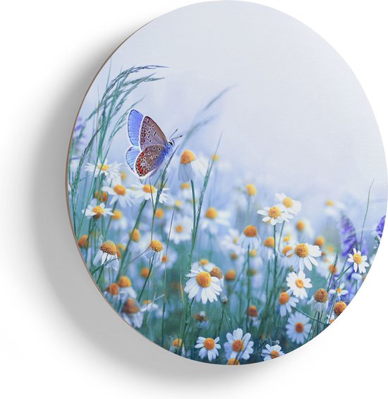 Artaza Houten Muurcirkel - Witte Kamille Bloemen Met Een Vlinder - Ø 90 cm - Groot - Multiplex Wandcirkel - Rond Schilderij