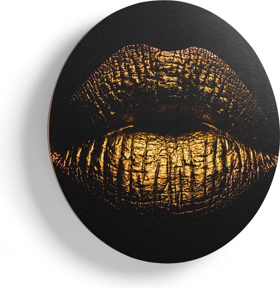Artaza Houten Muurcirkel - Gouden Lippen - Ø 90 cm - Groot - Multiplex Wandcirkel - Rond Schilderij