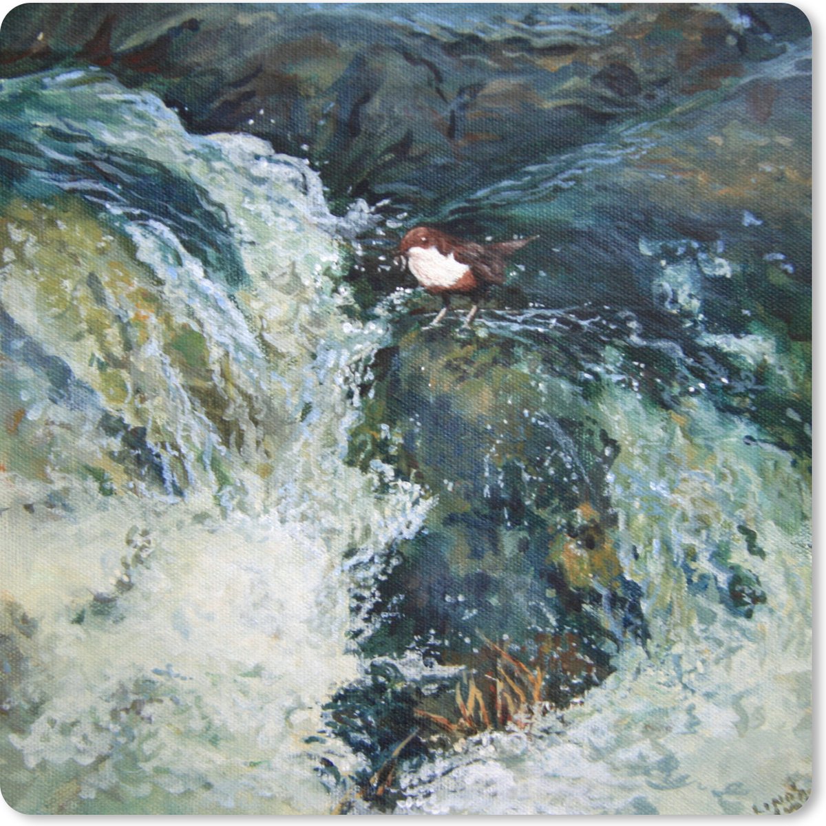 Muismat 30x30 cm - Mousepad Olieverfschilderij de Vogel en de Waterval - Muismatten