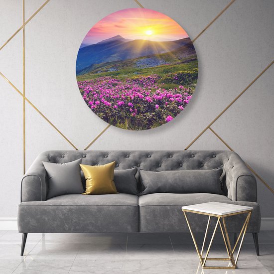 Artaza Cercle mural Dibond Champ de fleurs de rhododendrons roses - Montagnes - Ø 90 cm - Groot - Cercle mural - Peinture ronde - Pour intérieur et extérieur