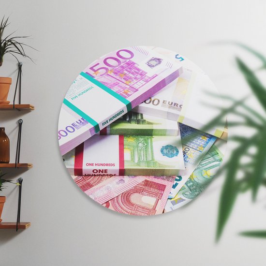 Artaza Dibond Muurcirkel Euro Geld Briefjes - Stapels  - Ø 60 cm - Wandcirkel - Rond Schilderij - Voor Binnen en Buiten