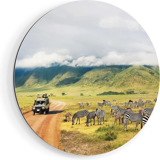 Artaza Muurcirkel - Safari Auto tussen de Zebra's - Wandcirkel - Rond Schilderij
