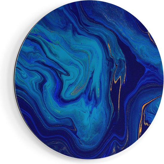 Artaza Dibond Muurcirkel Abstracte Kunst - Blauw met Gouden Verf - Ø 80 cm - Groot - Wandcirkel - Rond Schilderij - Voor Binnen en Buiten
