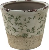 Clayre & Eef Pot de fleurs Ø 12x10 cm Vert Blanc Céramique Rond Feuilles Pot de fleurs d'intérieur