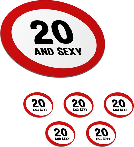 Sous-verres pour verres - Rond - Anniversaire - 20 ans - Rouge - Wit - 10x10 cm - Sous-verres en verre - 6 pièces