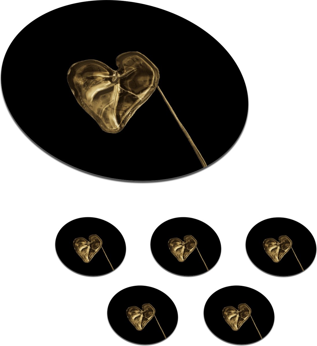 Onderzetters voor glazen - Rond - Hart - Blad - Goud - 10x10 cm - Glasonderzetters - 6 stuks