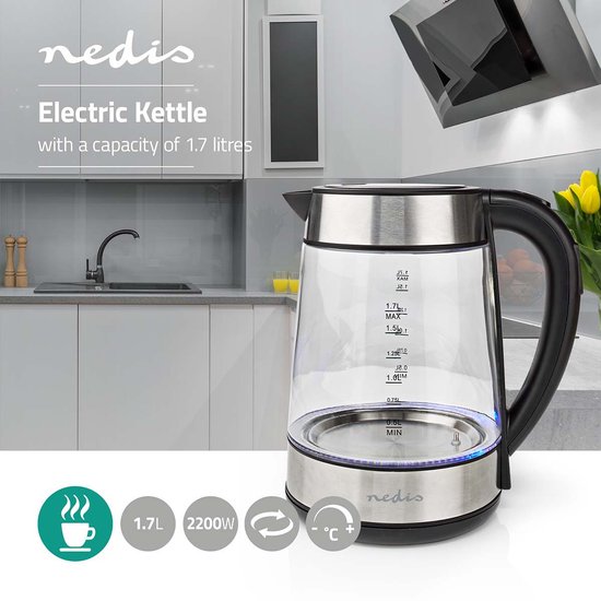 Nedis KAWK320EGS bouilloire 1,7 L 2200 W Acier inoxydable, Transparent