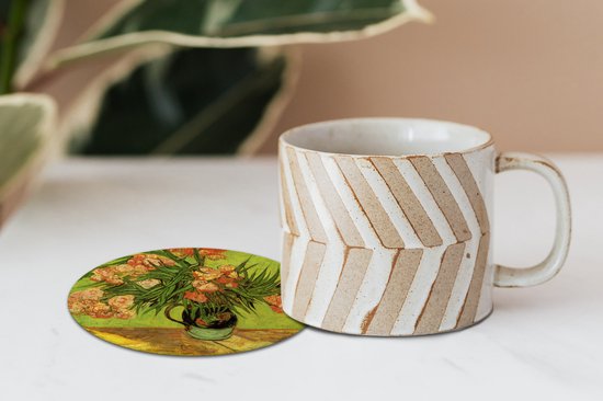 Sous-verres pour verres - Ronds - Vase nature morte avec lauriers roses et livres - Peinture de Vincent van Gogh - 10x10 cm - Sous-verres en verre - 6 pièces