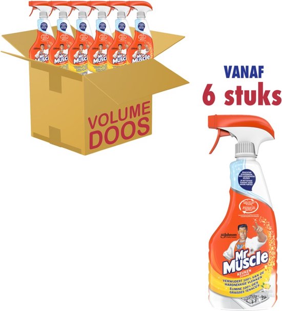 Doos met zes Mr Muscle Keuken Sprayflessen, naast een enkele fles.