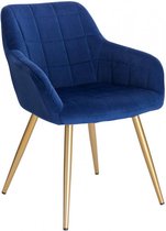 Kamyra® Velvet Eetkamerstoel - Gestoffeerd & Met Armleuning - 1 stuk - Eetkamerstoelen voor bij de Eettafel - Blauw met Gouden Poten