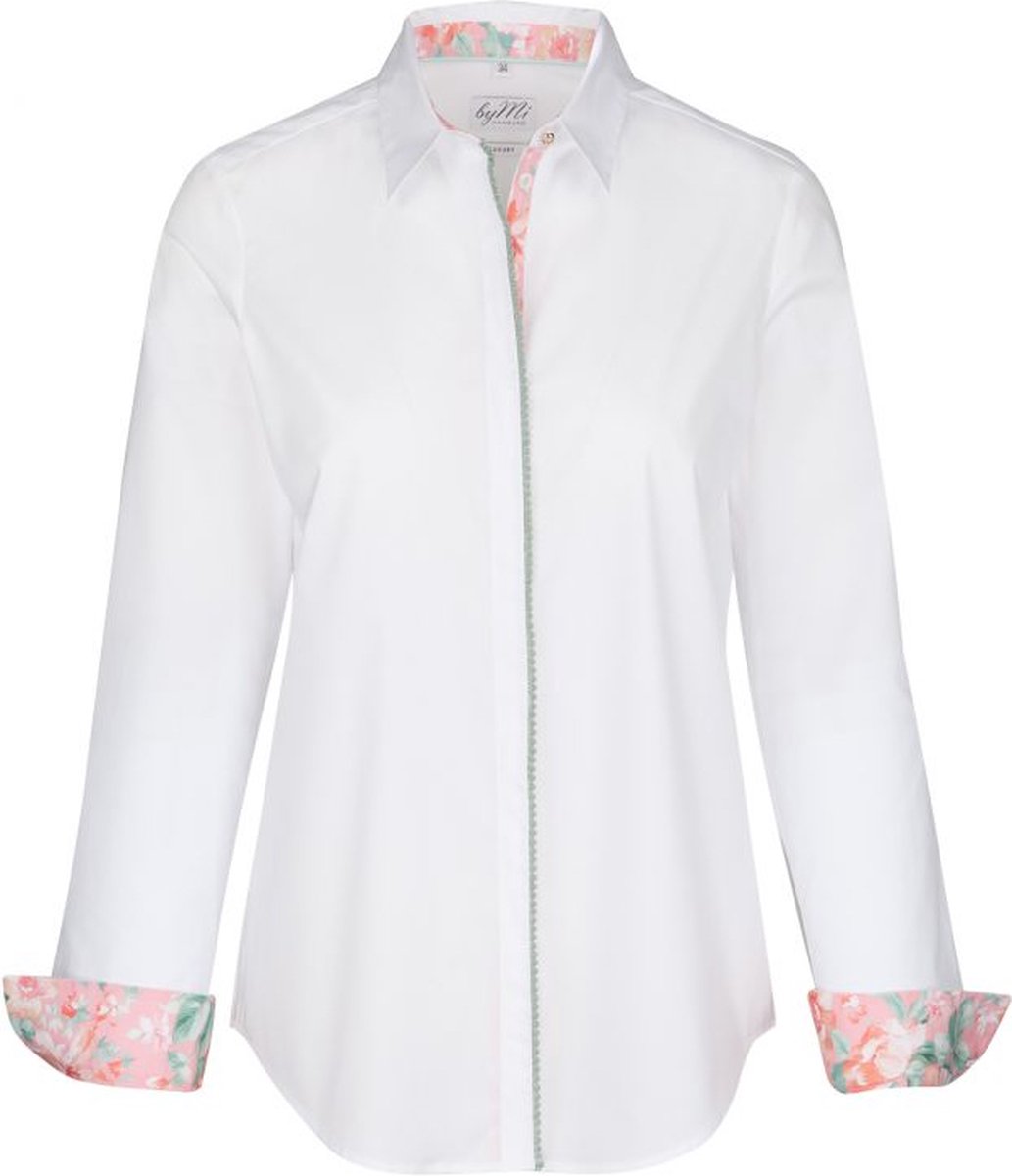 Dames blouse wit met roze bloemenprint goudtoon knopen volwassen lange mouw katoen luxe chic maat 36