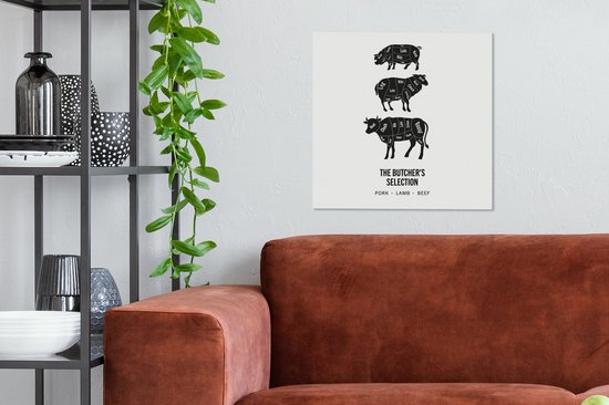 Toile Peinture Viande - Animaux - Vache - Cuisine - 50x50 cm - Décoration murale - Cadeau Saint Valentin femme - Cadeau pour femme