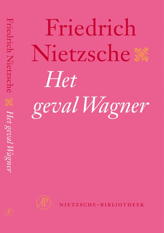 Boek "Het geval Wagner" door Friedrich Nietzsche, met gele versiering en AP logo op een roze achtergrond.