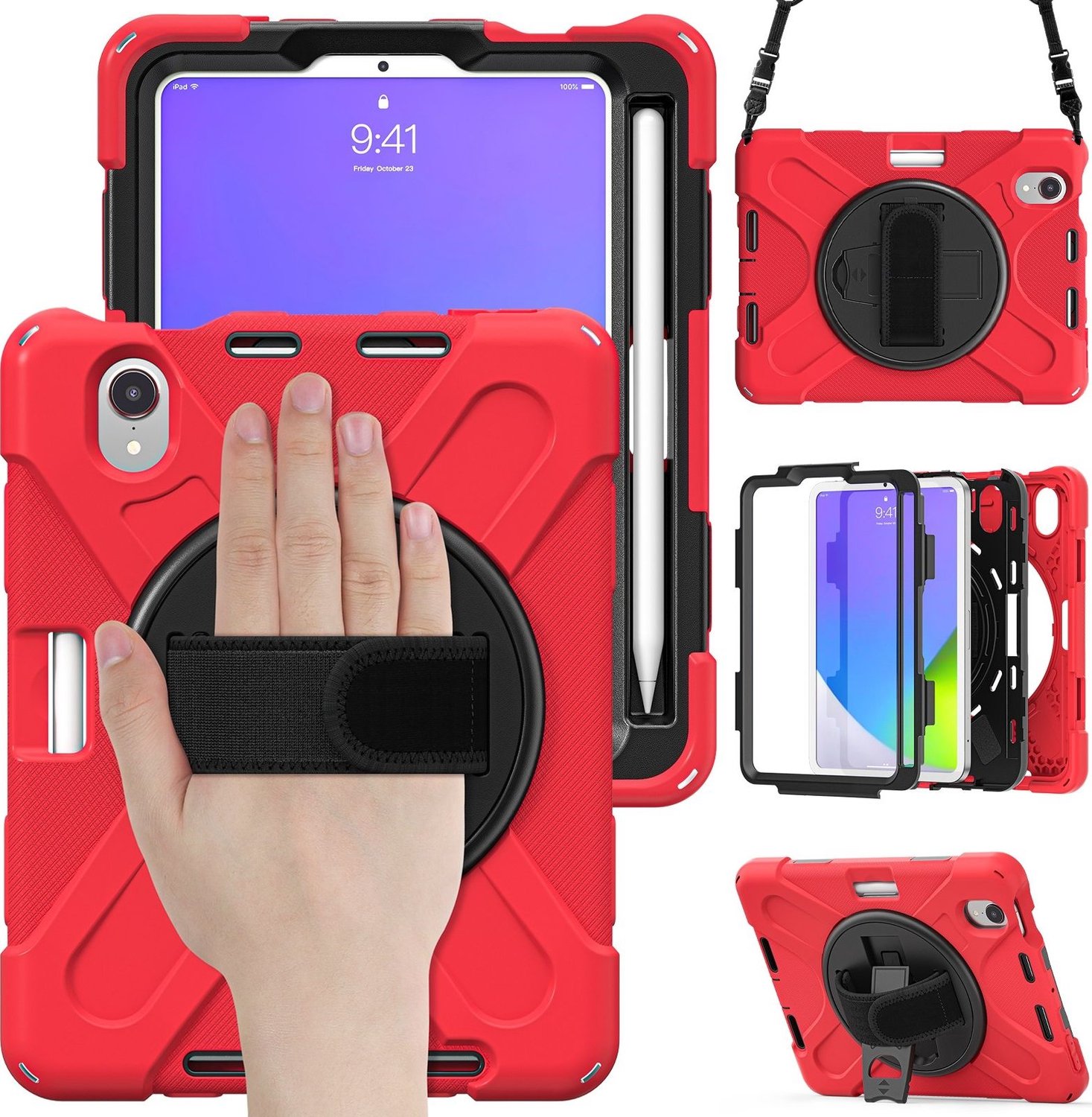 Mobigear SureGrip XGuard Tablethoes geschikt voor Apple iPad Mini 6 (2021) Hardcase Backcover + Stylus Houder + Schouderband + Standaard - Rood