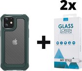 Backcover Shockproof Carbon Hoesje iPhone 11 Legergroen - 2x Gratis Screen Protector - Telefoonhoesje - Smartphonehoesje